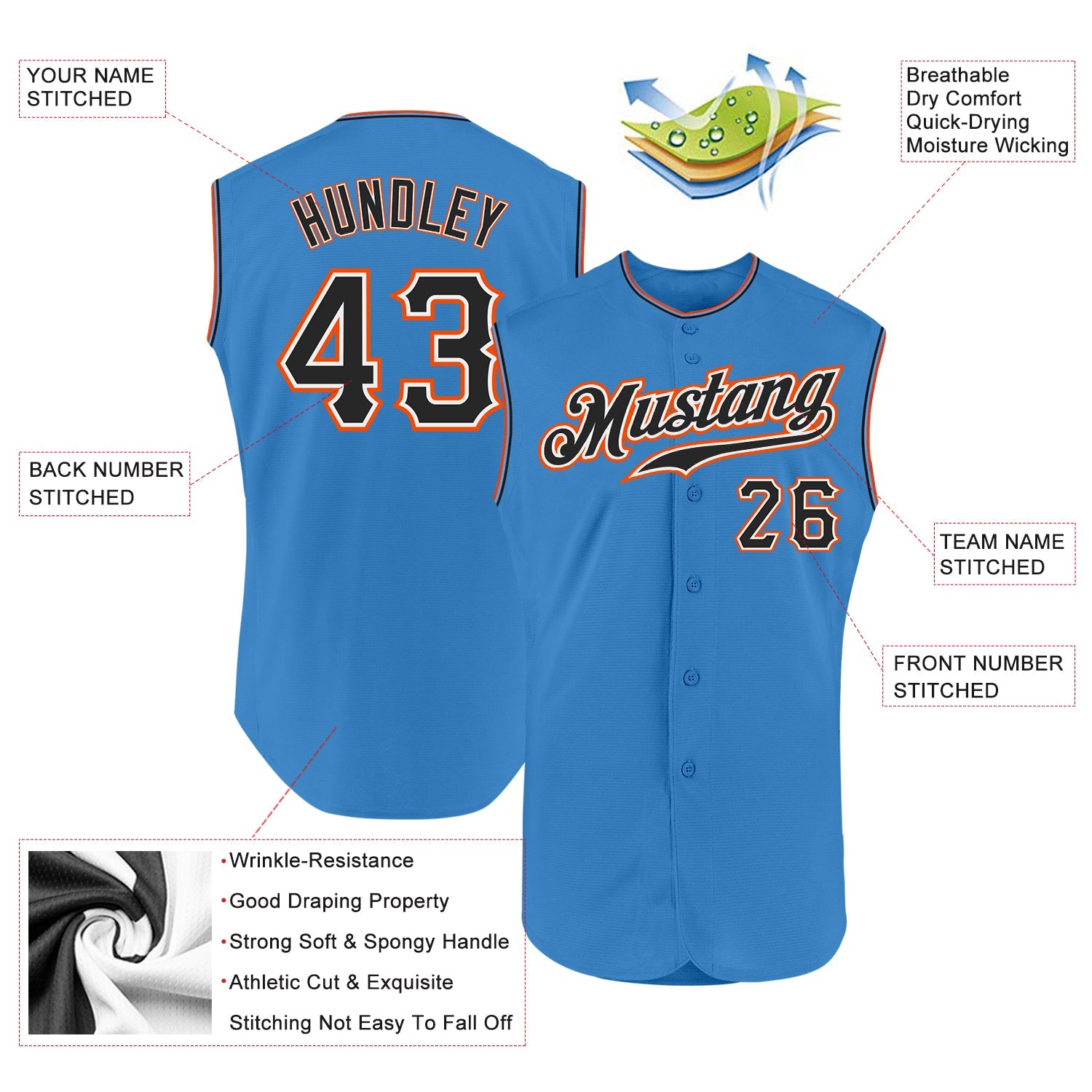 Custom Powder Blue Black-Orange Authentic Sleeveless Baseball Jersey view 2