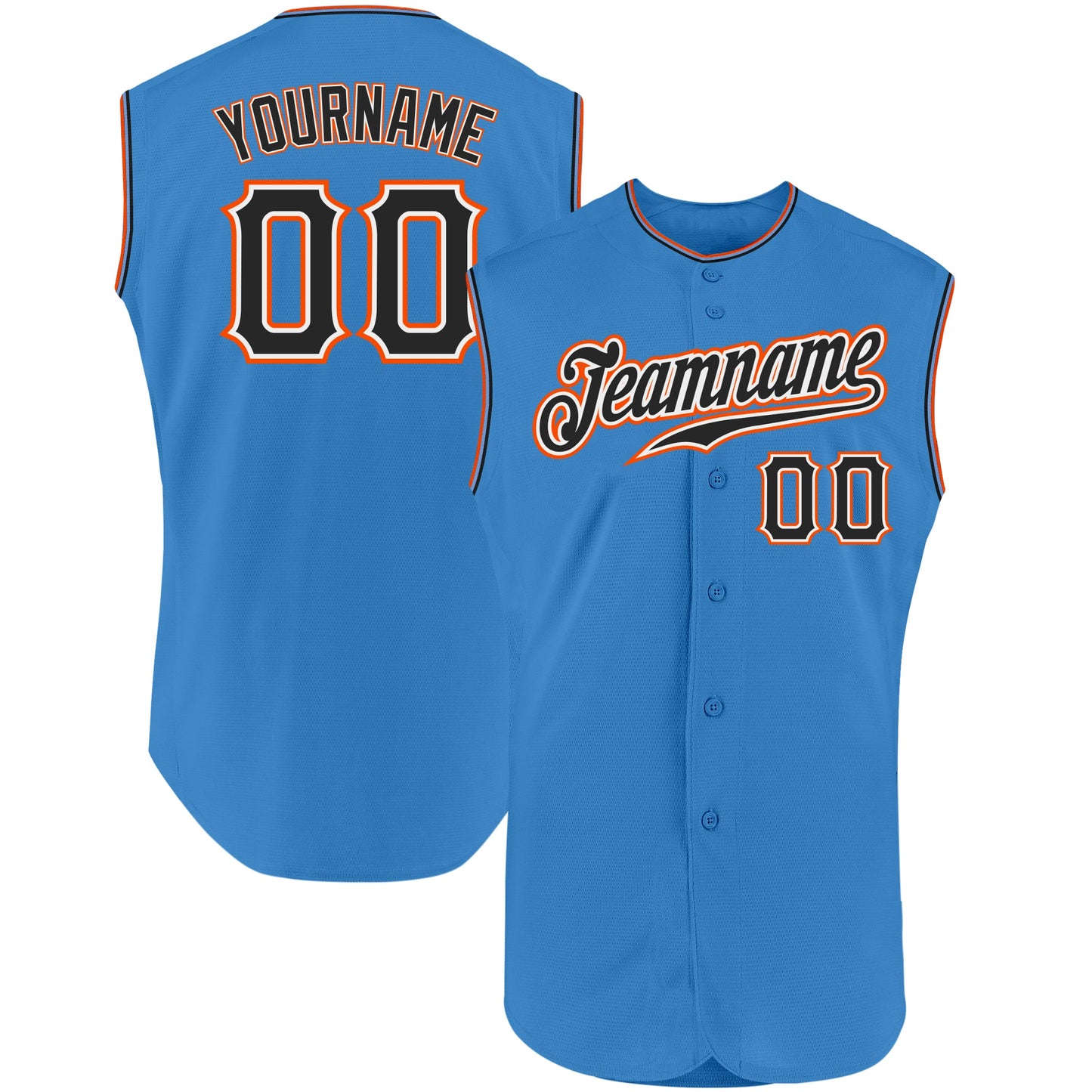 Custom Powder Blue Black-Orange Authentic Sleeveless Baseball Jersey - Main View