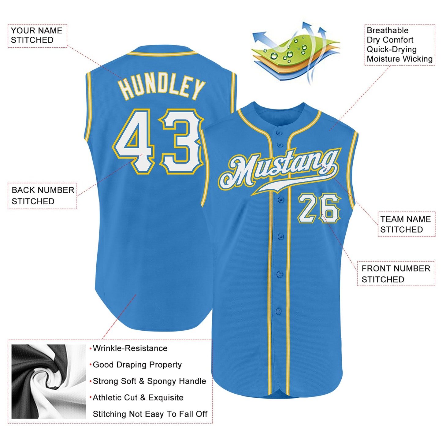 Custom Powder Blue White-Gold Authentic Sleeveless Baseball Jersey view 2