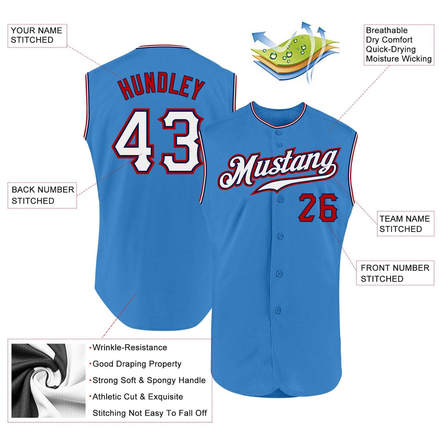 Custom Powder Blue White-Red Authentic Sleeveless Baseball Jersey view 2
