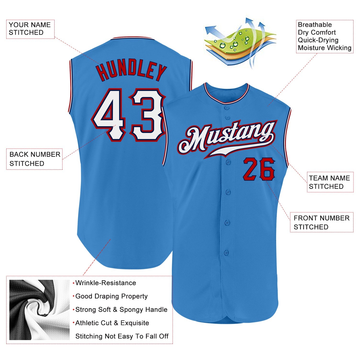Custom Powder Blue White-Red Authentic Sleeveless Baseball Jersey view 2