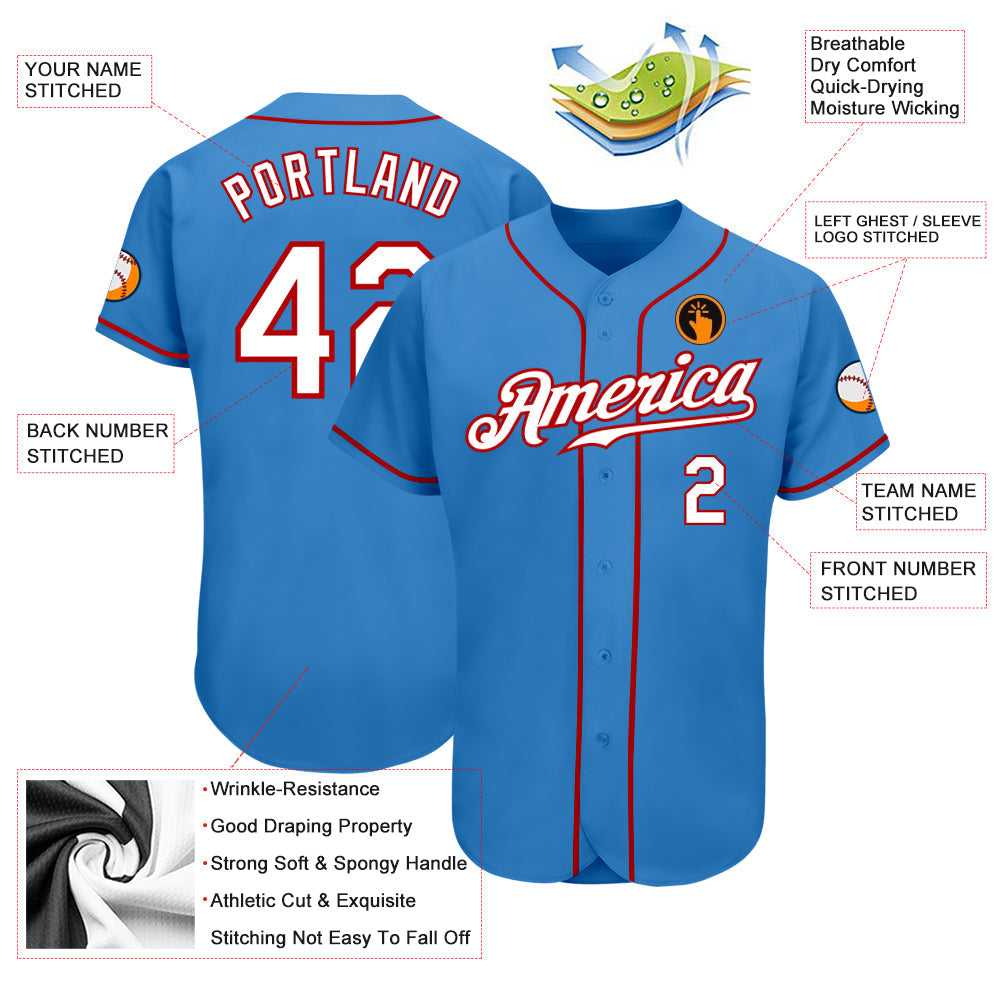 Custom Powder Blue White-Red Authentic Baseball Jersey view 3