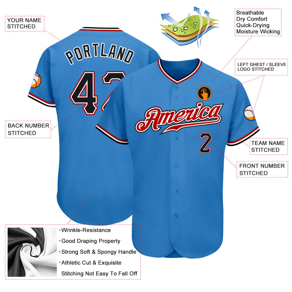 Custom Powder Blue Black-Red Authentic Baseball Jersey view 3