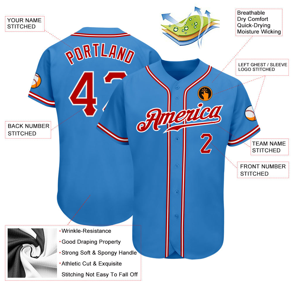 Custom Powder Blue Red-White Authentic Baseball Jersey view 3