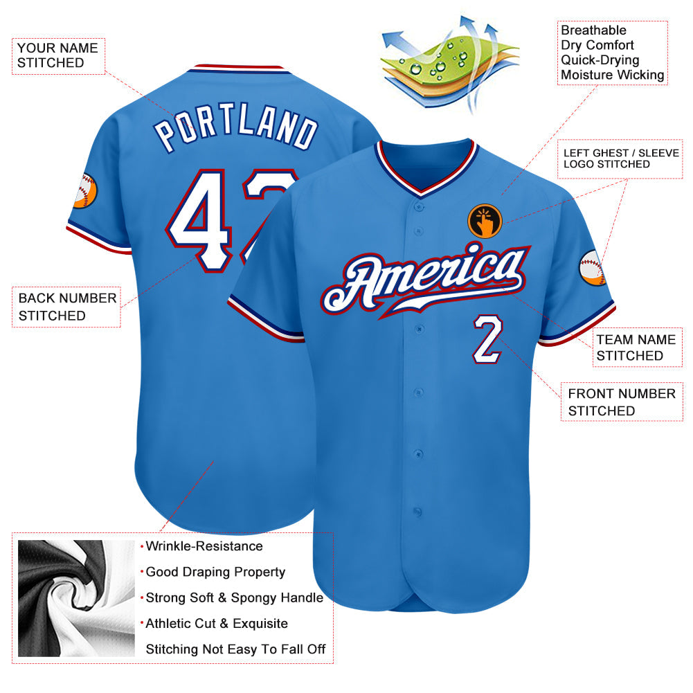 Custom Powder Blue White-Red Authentic Baseball Jersey view 3
