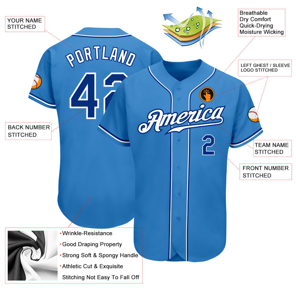 Custom Powder Blue Royal-White Authentic Baseball Jersey view 3