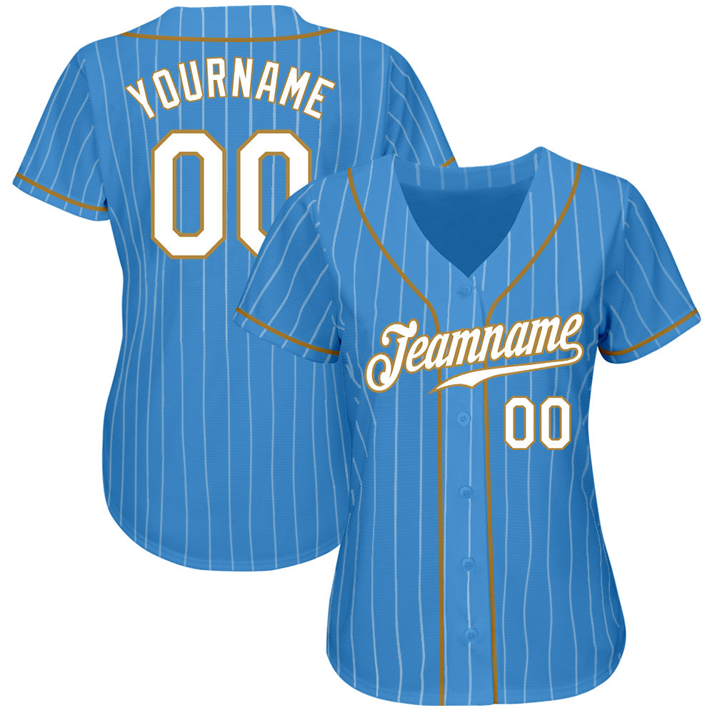 Custom Powder Blue White Pinstripe White-Old Gold Authentic Baseball Jersey view 2