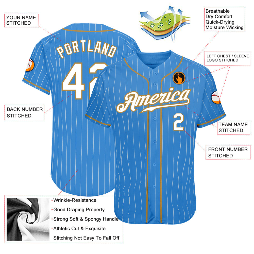 Custom Powder Blue White Pinstripe White-Old Gold Authentic Baseball Jersey view 3