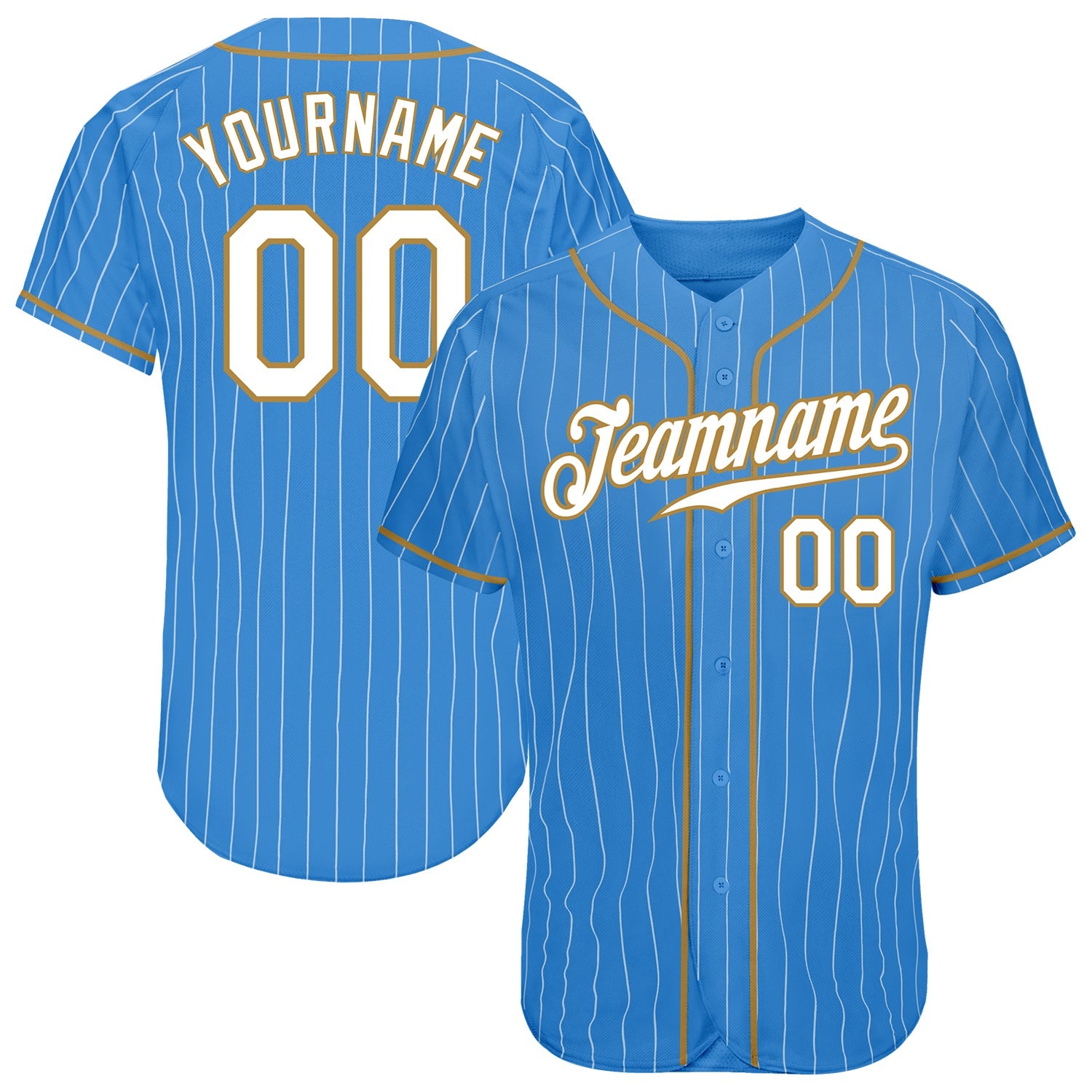 Custom Powder Blue White Pinstripe White-Old Gold Authentic Baseball Jersey - Main View