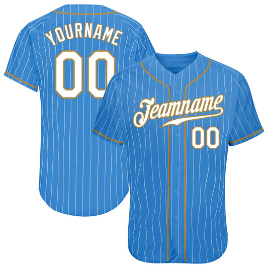 Custom Powder Blue White Pinstripe White-Old Gold Authentic Baseball Jersey - Main View