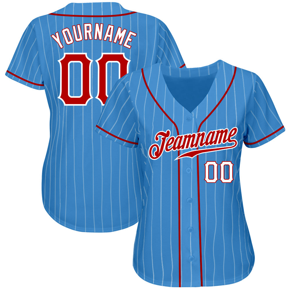 Custom Powder Blue White Pinstripe Red-White Authentic Baseball Jersey view 2