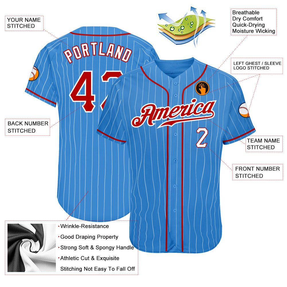 Custom Powder Blue White Pinstripe Red-White Authentic Baseball Jersey view 3