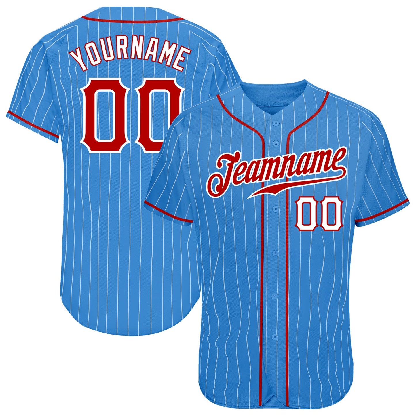 Custom Powder Blue White Pinstripe Red-White Authentic Baseball Jersey - Main View