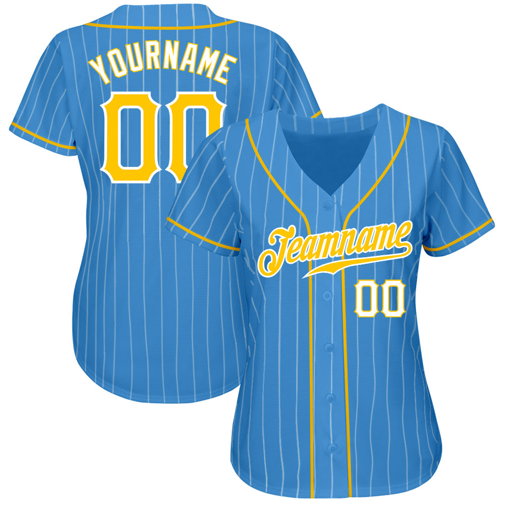 Custom Powder Blue White Pinstripe Gold-White Authentic Baseball Jersey view 3