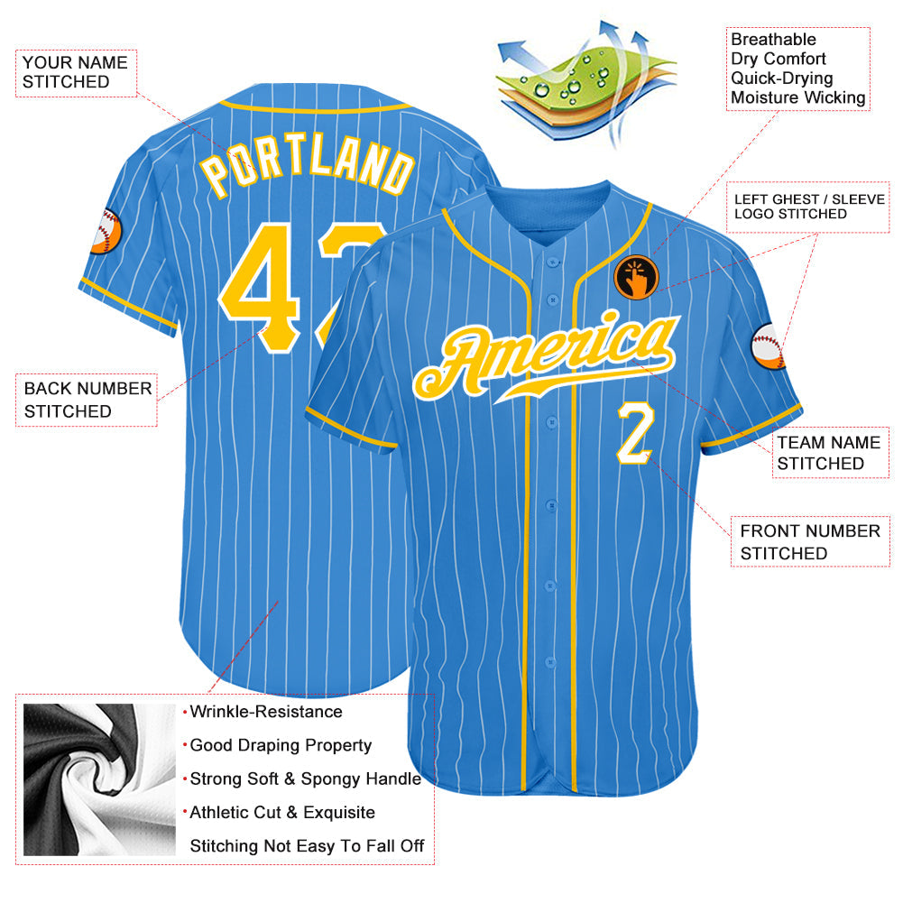Custom Powder Blue White Pinstripe Gold-White Authentic Baseball Jersey view 4