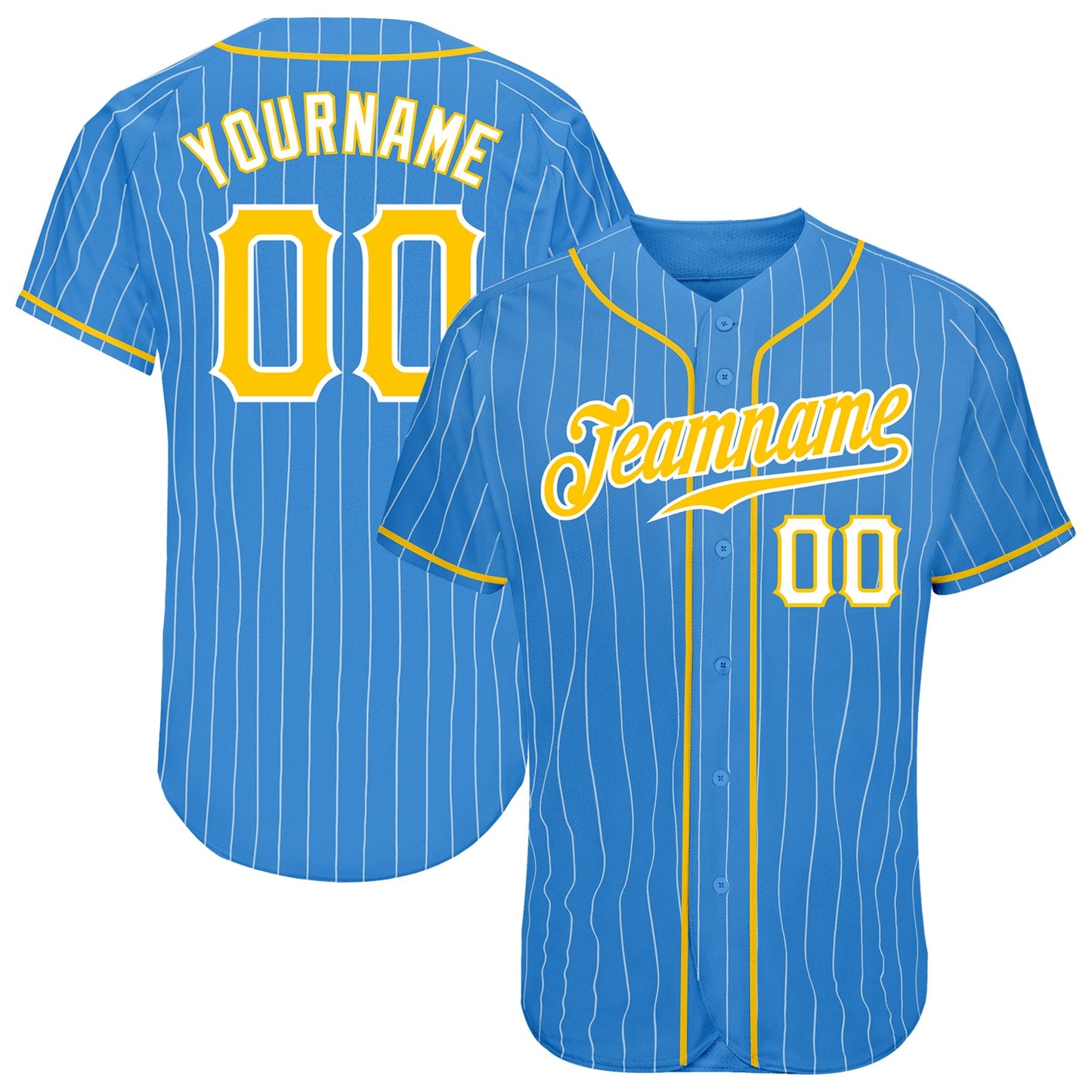 Custom Powder Blue White Pinstripe Gold-White Authentic Baseball Jersey - Main View