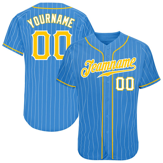 Custom Powder Blue White Pinstripe Gold-White Authentic Baseball Jersey - Main View