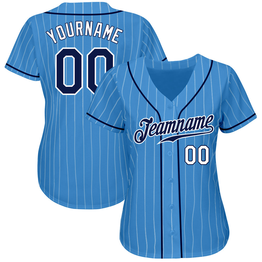 Custom Powder Blue White Pinstripe Navy-White Authentic Baseball Jersey view 2