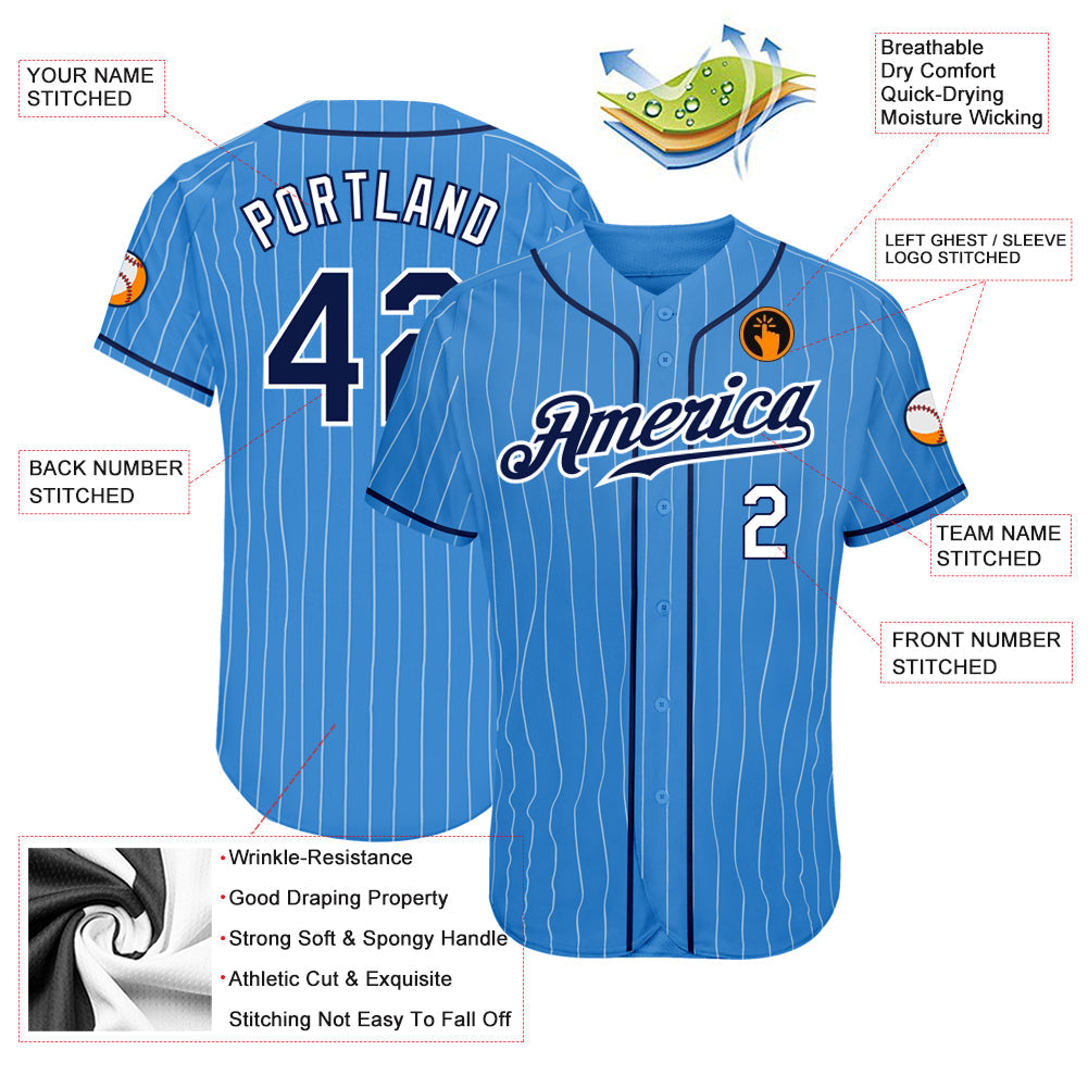 Custom Powder Blue White Pinstripe Navy-White Authentic Baseball Jersey view 3