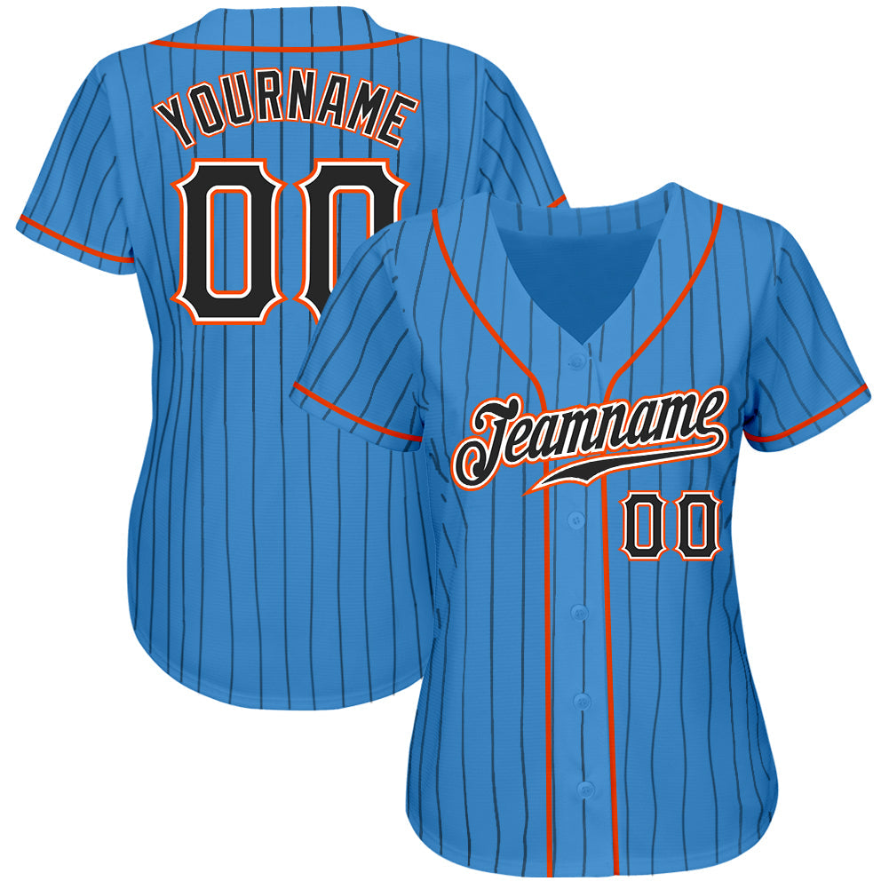 Custom Powder Blue Black Pinstripe Black-Orange Authentic Baseball Jersey view 2