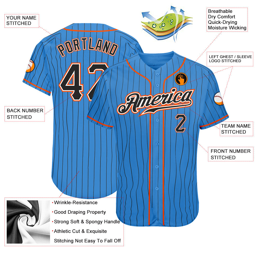 Custom Powder Blue Black Pinstripe Black-Orange Authentic Baseball Jersey view 3