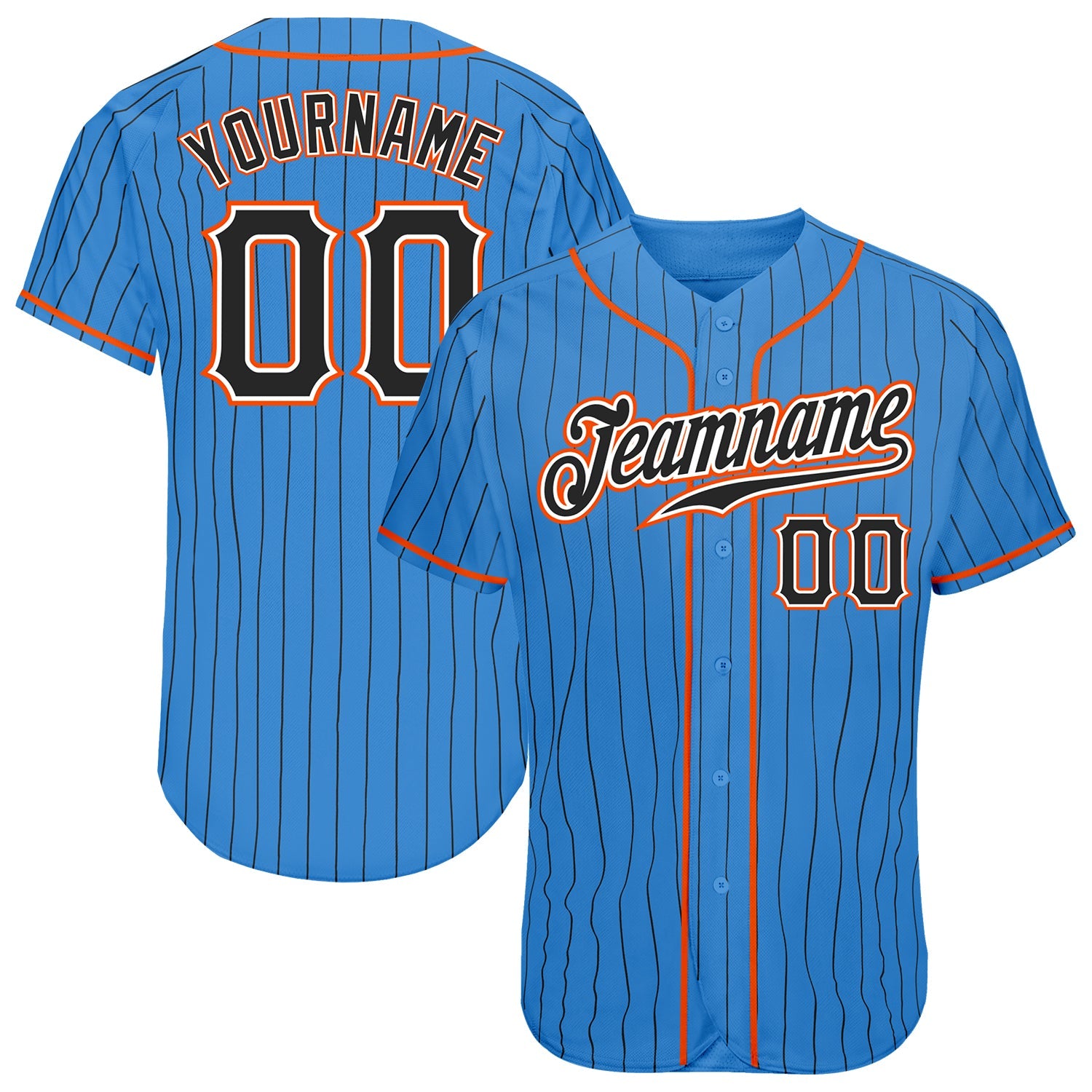 Custom Powder Blue Black Pinstripe Black-Orange Authentic Baseball Jersey - Main View