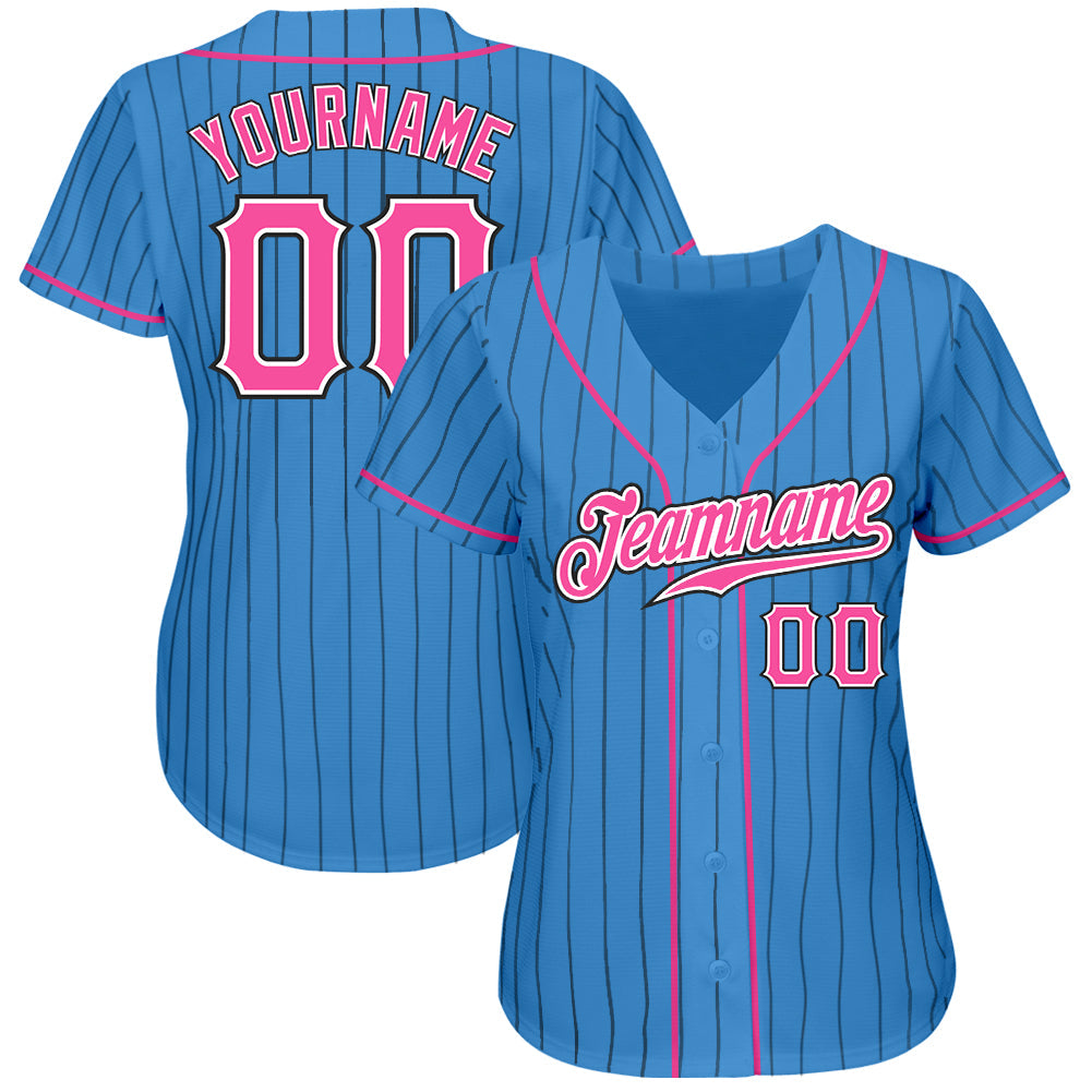 Custom Powder Blue Black Pinstripe Pink-White Authentic Baseball Jersey view 2