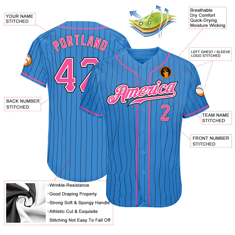 Custom Powder Blue Black Pinstripe Pink-White Authentic Baseball Jersey view 3