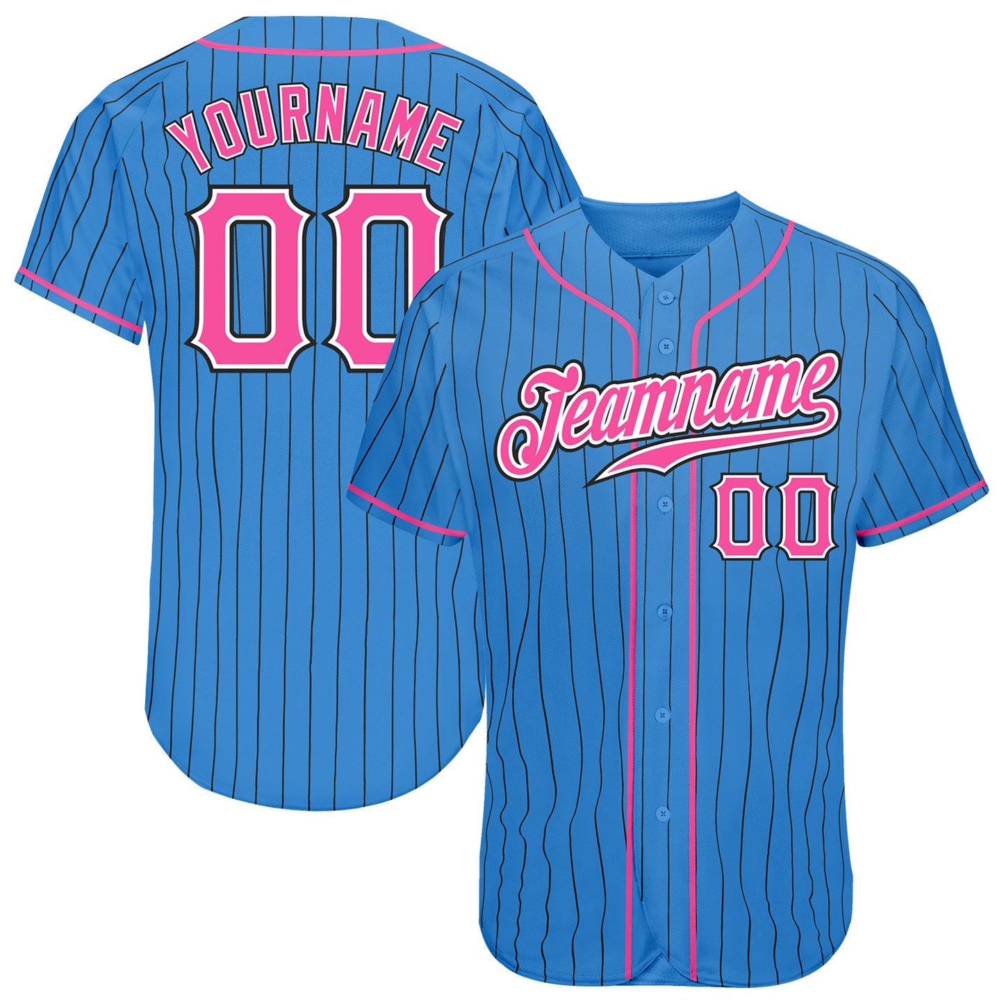 Custom Powder Blue Black Pinstripe Pink-White Authentic Baseball Jersey - Main View