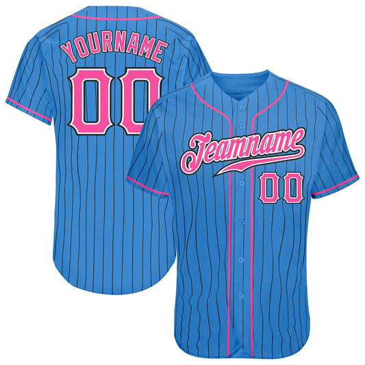 Custom Powder Blue Black Pinstripe Pink-White Authentic Baseball Jersey - Main View
