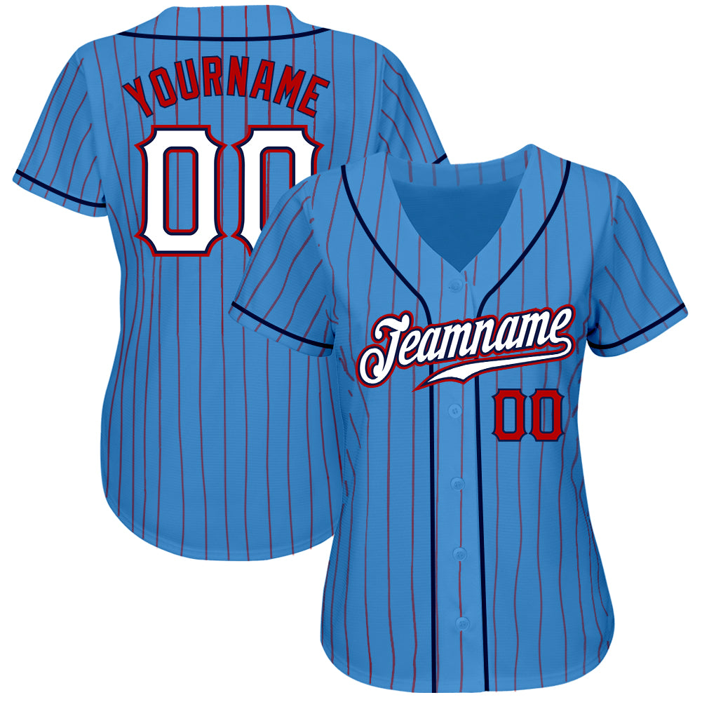 Custom Powder Blue Red Pinstripe White-Navy Authentic Baseball Jersey view 2