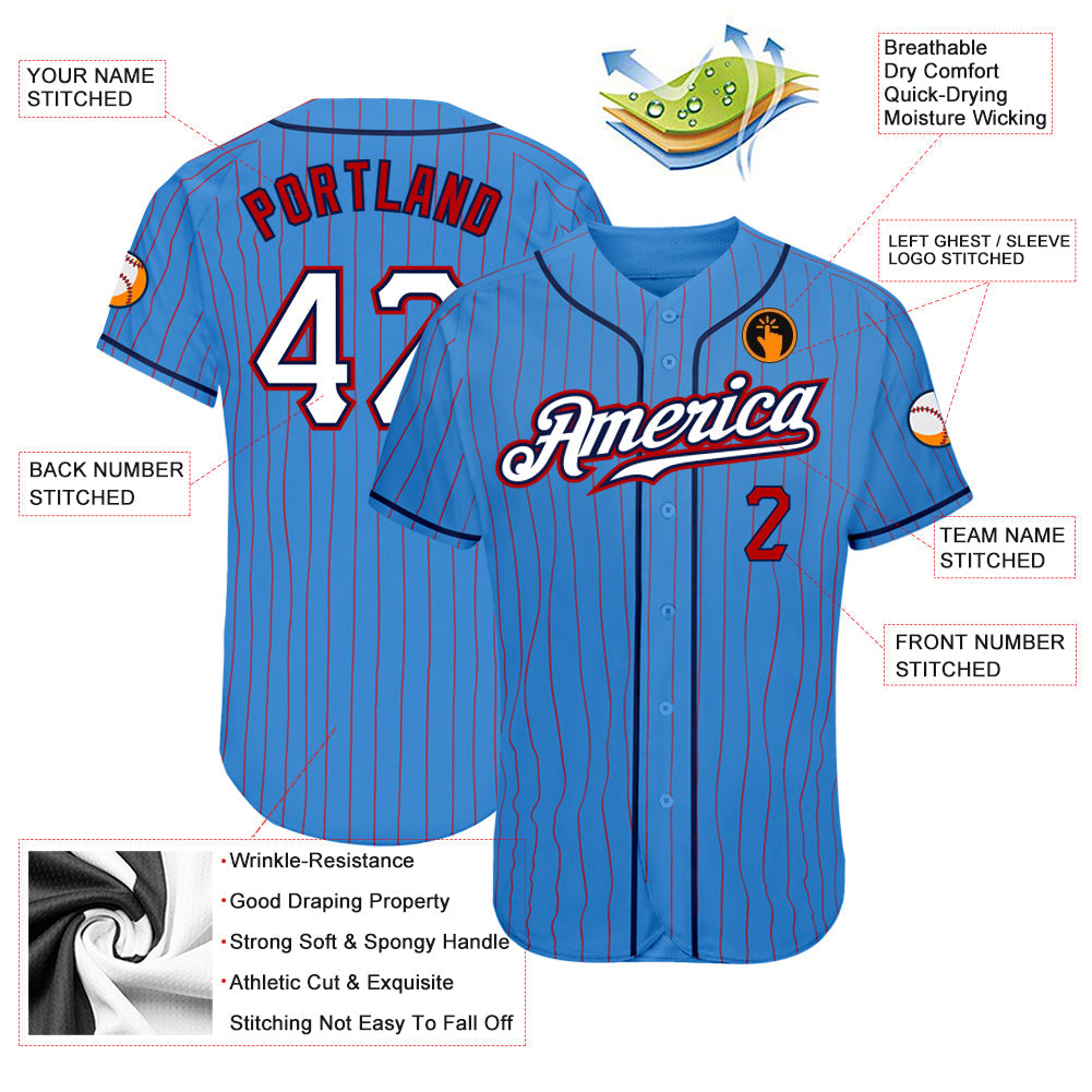 Custom Powder Blue Red Pinstripe White-Navy Authentic Baseball Jersey view 3