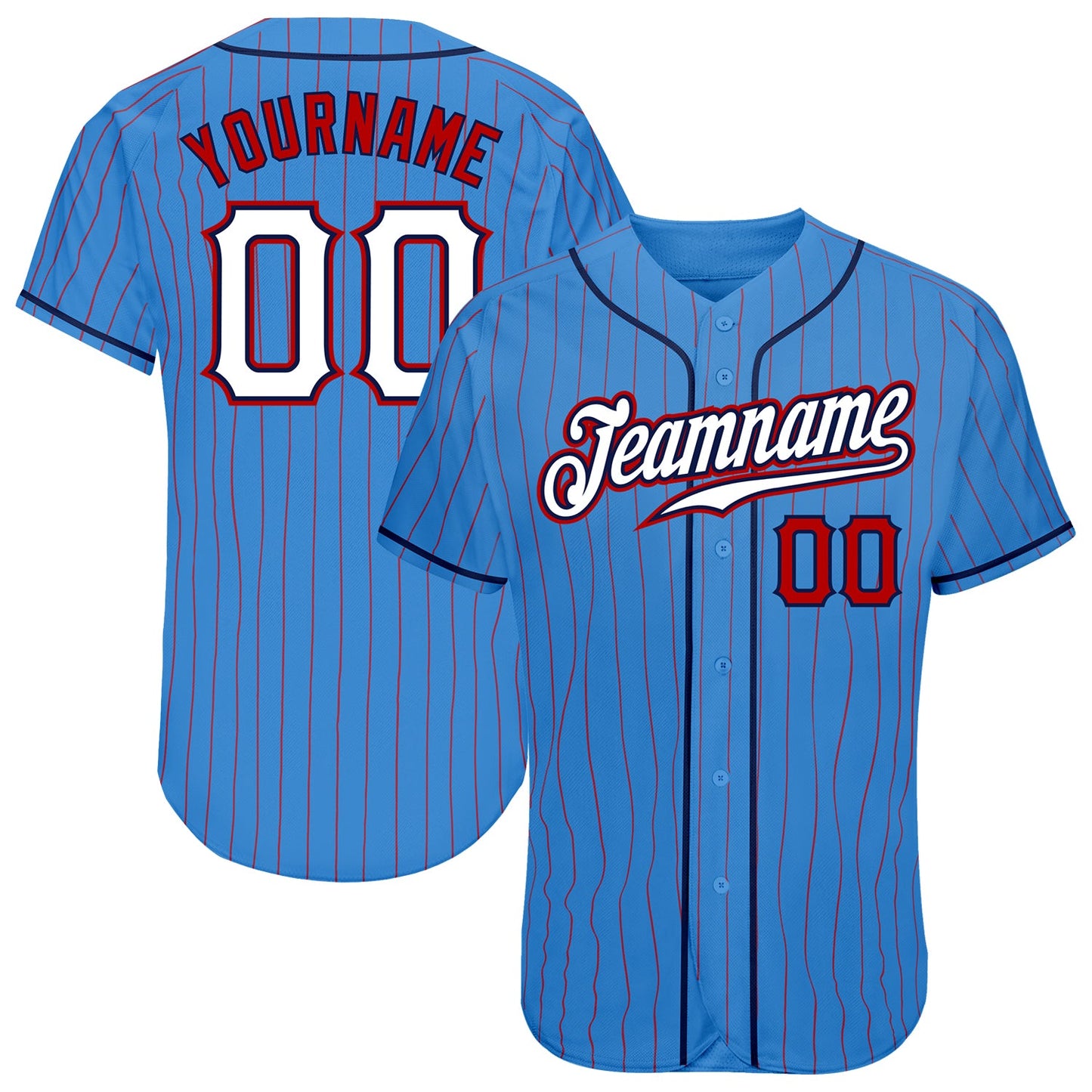 Custom Powder Blue Red Pinstripe White-Navy Authentic Baseball Jersey - Main View