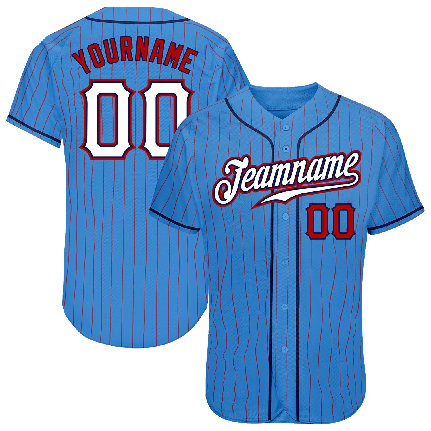 Custom Powder Blue Red Pinstripe White-Navy Authentic Baseball Jersey - Main View
