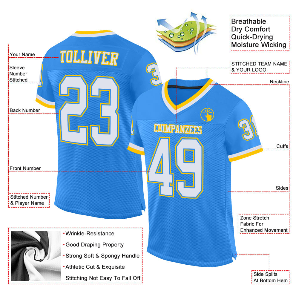 Custom Powder Blue White-Gold Mesh Authentic Throwback Football Jersey view 2