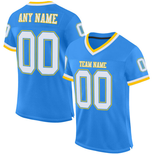Custom Powder Blue White-Gold Mesh Authentic Throwback Football Jersey - Main View