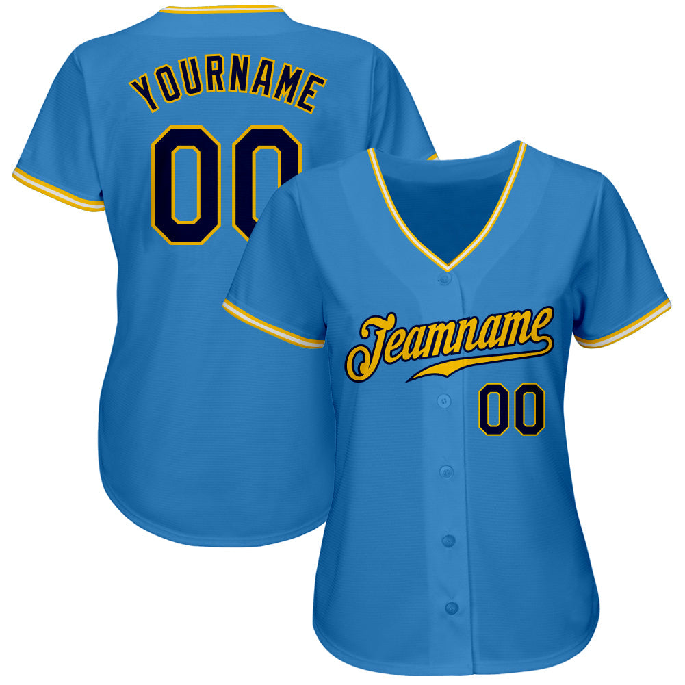 Custom Powder Blue Navy Gold-White Authentic Baseball Jersey view 2