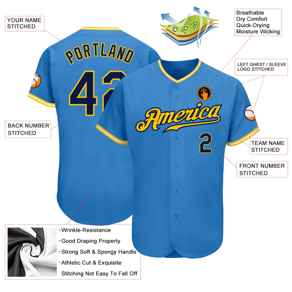 Custom Powder Blue Navy Gold-White Authentic Baseball Jersey view 3