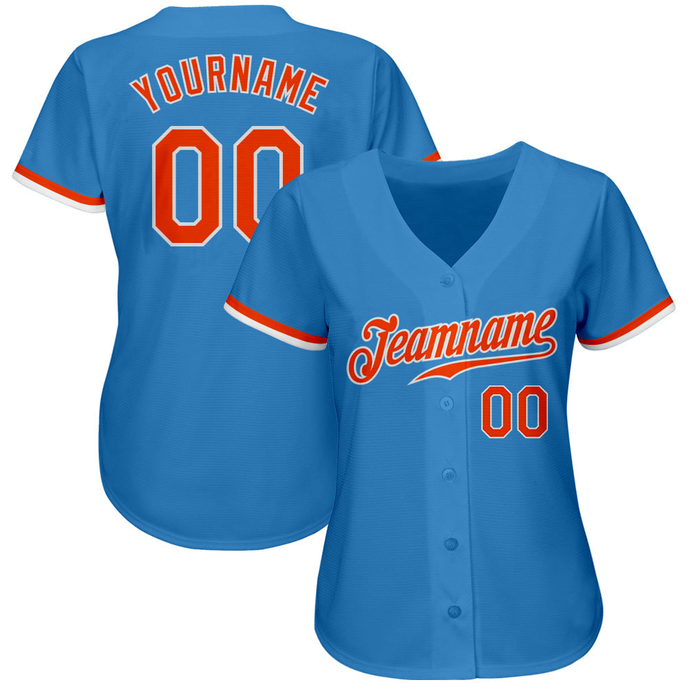 Custom Powder Blue Orange-White Authentic Baseball Jersey view 2