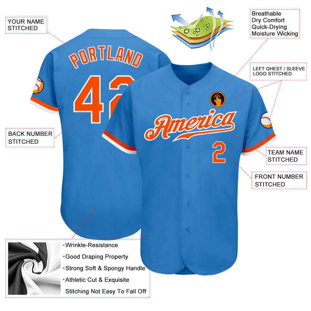 Custom Powder Blue Orange-White Authentic Baseball Jersey view 3