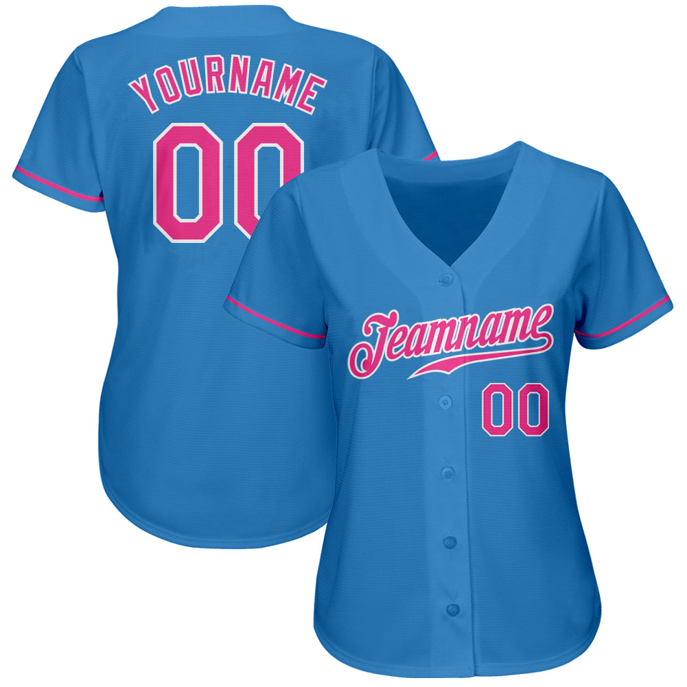 Custom Powder Blue Pink-White Authentic Baseball Jersey view 2