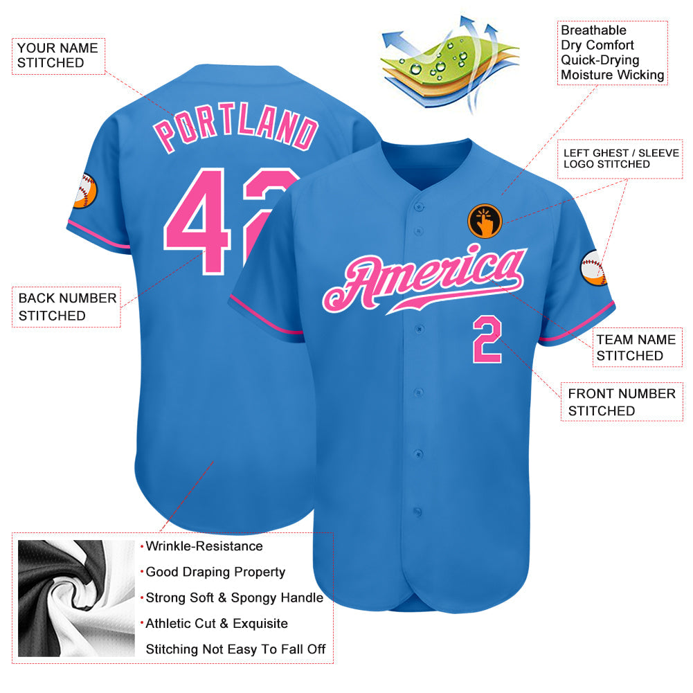 Custom Powder Blue Pink-White Authentic Baseball Jersey view 3