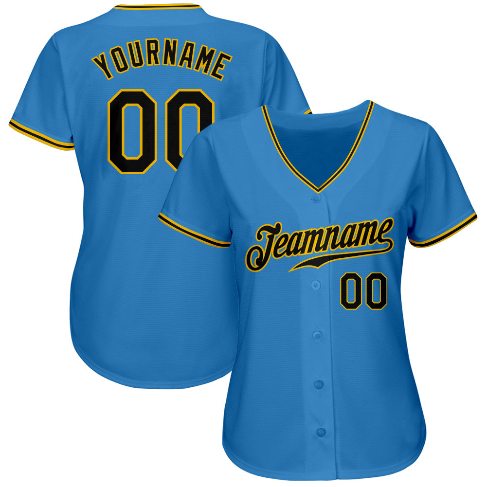 Custom Powder Blue Black-Gold Authentic Baseball Jersey view 2