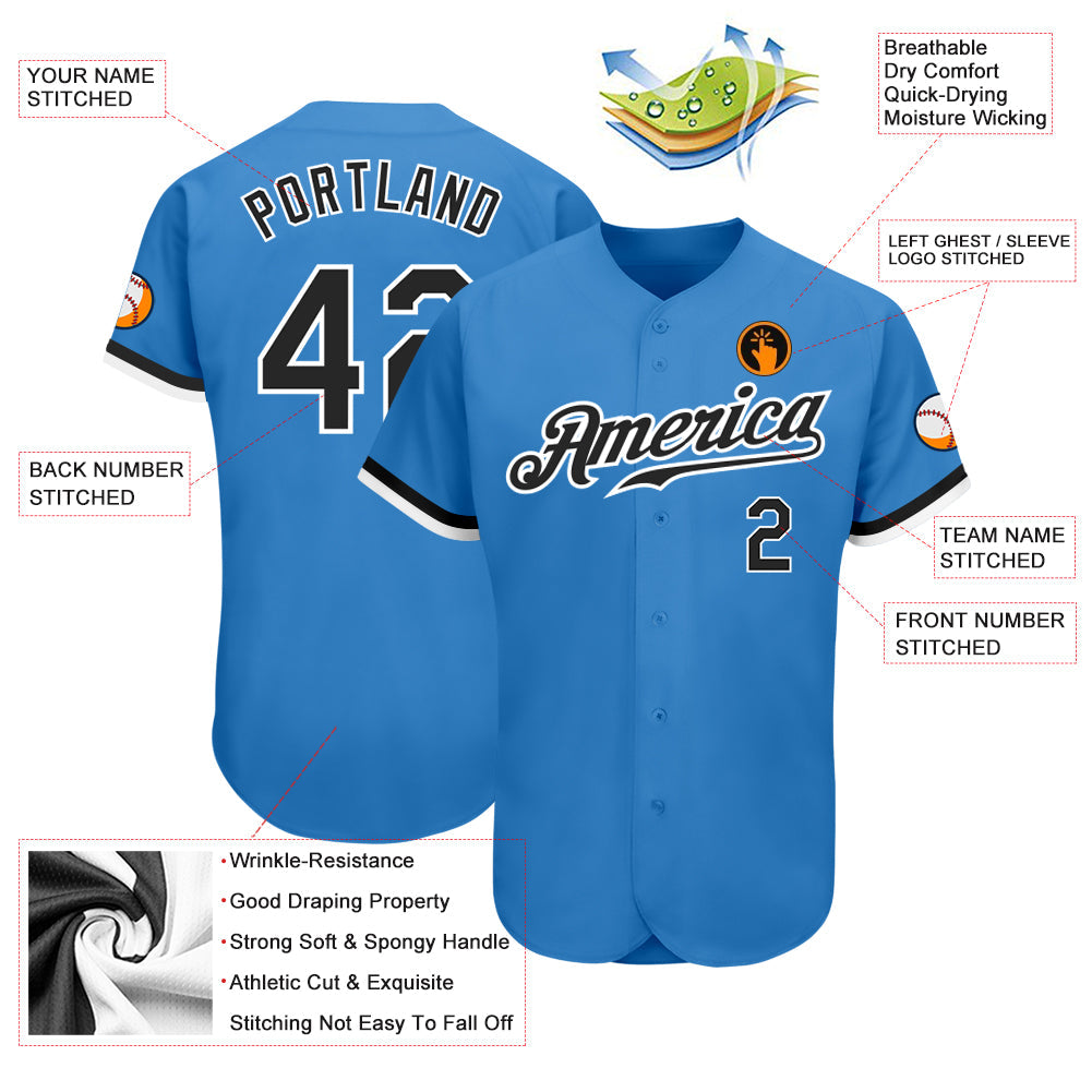Custom Powder Blue Black-White Authentic Baseball Jersey view 3