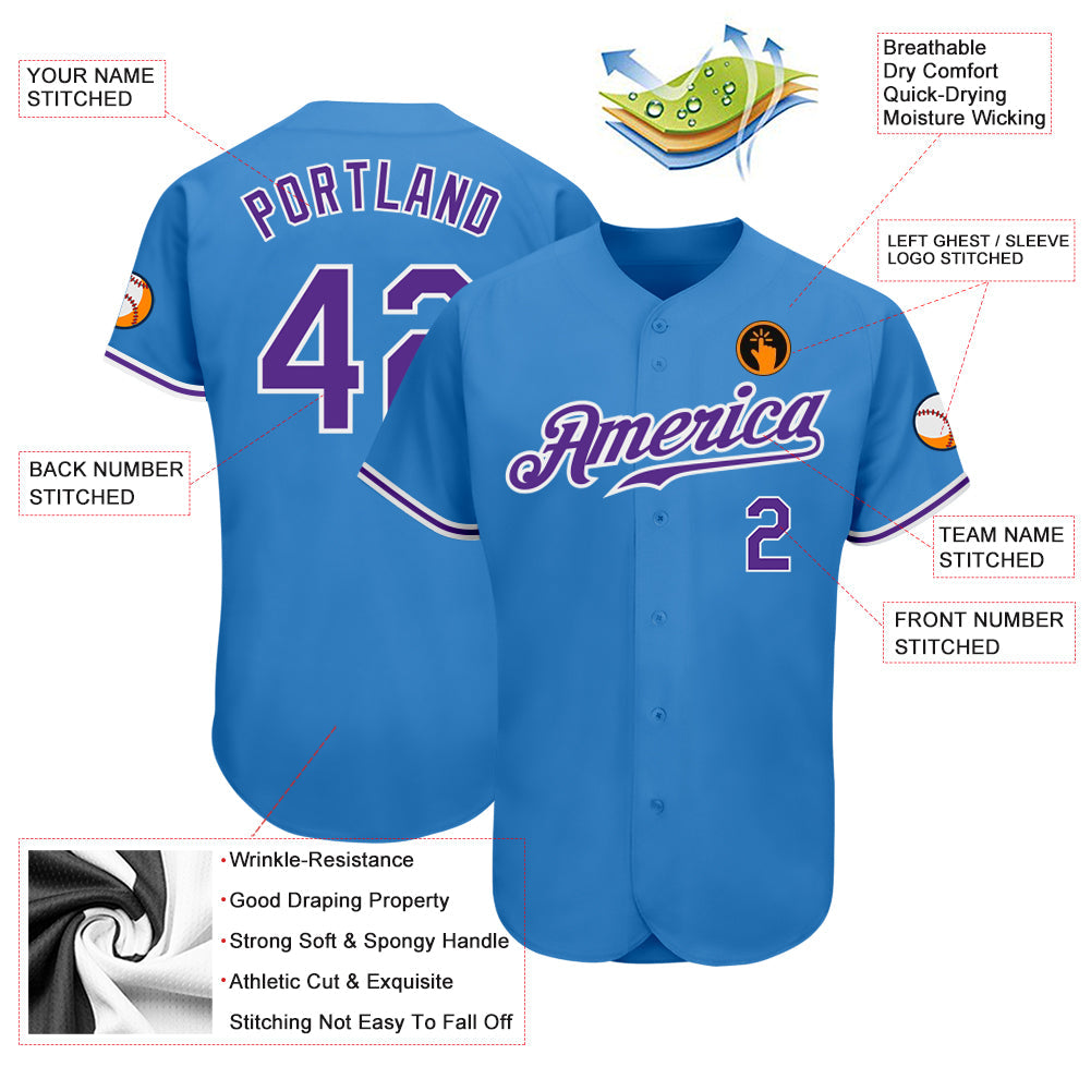 Custom Powder Blue Purple-White Authentic Baseball Jersey view 3