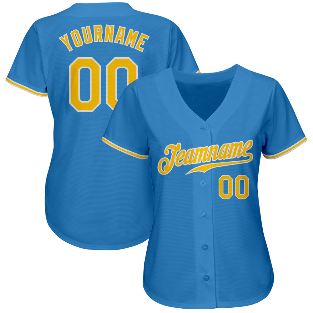 Custom Powder Blue Gold-White Authentic Baseball Jersey view 2