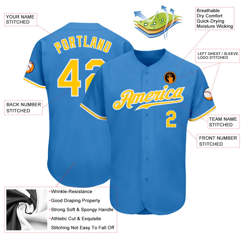 Custom Powder Blue Gold-White Authentic Baseball Jersey view 3