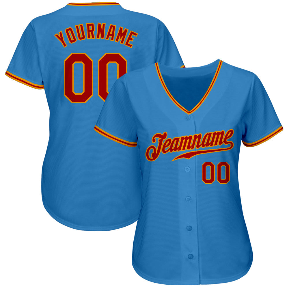 Custom Powder Blue Red-Gold Authentic Baseball Jersey view 2