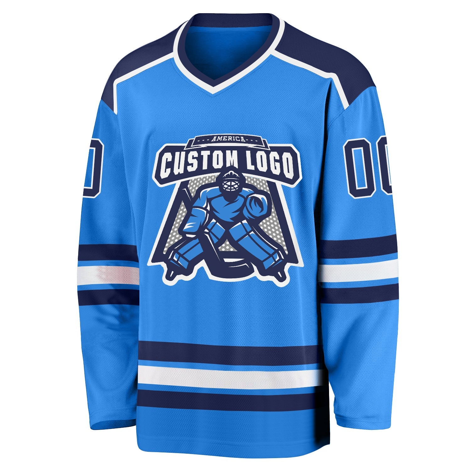 Custom Powder Blue Navy-White Hockey Jersey view 2