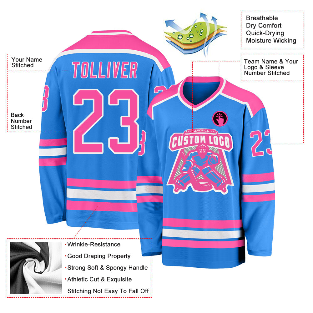Custom Powder Blue Pink-White Hockey Jersey view 3